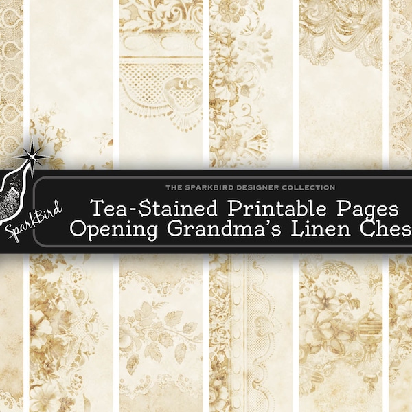 Digital Victorian Tea-Stained, Coffee-Dyed Printable Floral Lace Pages & Spreads for junk journal spreads, ephemera, backgrounds, tags