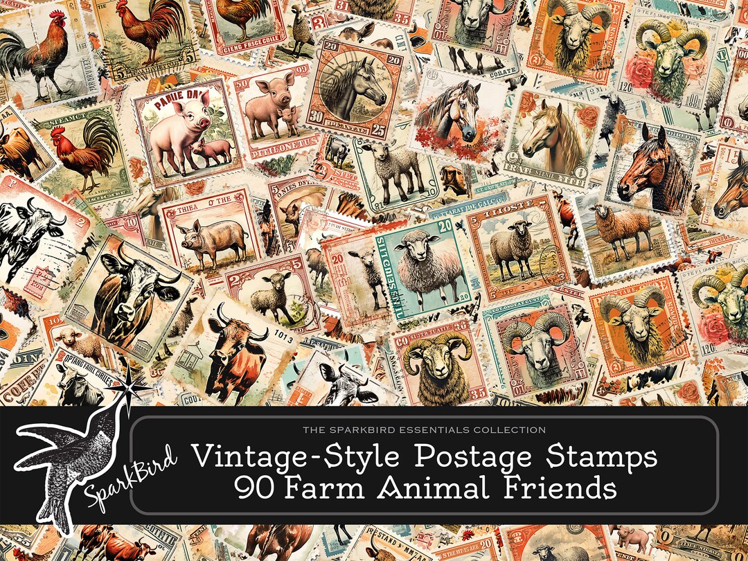 Rustic Stamps Downloadable Vintage-style Postage Stamps, 90 Favorite Farm Animals to ...