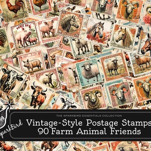 Timbres-poste de style vintage téléchargeables, 90 animaux de ferme préférés pour embellir les journaux, cartes et pages de scrapbooking imprimables DIY
