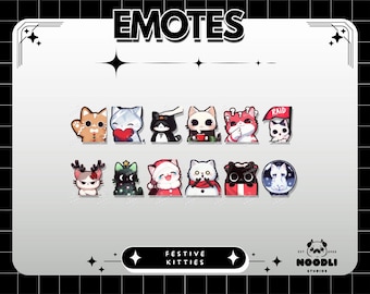 Emotes chats d'hiver festifs | Émoticônes Twitch Kitty de Noël | Joli ensemble d'émoticônes confortables avec banderoles des fêtes