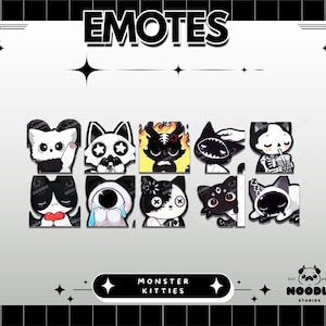 Puede incluir: Una colección de diez emoticonos digitales que presentan gatitos monstruo estilizados en blanco y negro con diversas expresiones y accesorios. El conjunto gráfico incluye el texto EMOTES en la parte superior y MONSTER KITTIES en la inferior, con un logo de Noodli Studios.
