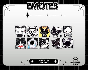 Lot d'émoticônes Twitch, émojis gothiques chats noirs avec streamer, émoticônes chaton effrayant, badges sombres kawaii mignons, graphismes de sous-flux Discord