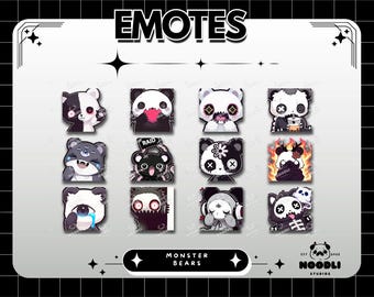 Lot d'émoticônes Twitch, emojis banderoles ours gothiques, émoticônes ours effrayants, badges sombres kawaii mignons, graphismes de sous-flux Discord