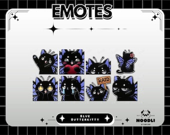 Emotes Twitch chat bleu papillon | Adorables sous-insignes de chaton gothique | Pack d'émojis Discord