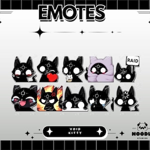 May include: A digital sticker sheet featuring ten black cat emotes with white circular markings on their foreheads. The cats are shown in various expressions including holding a red heart, drinking boba, wearing a hood, holding a RAID sign, crying, and surrounded by flames. The text EMOTES and VOID KITTY are visible.