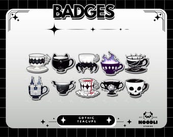 Ensemble d'insignes de tasses de thé gothiques - Collection de tasses de thé esthétiques sombres - Art de tasse de thé gothique fantasmagorique