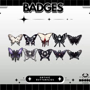 May include: A collection of ten digital butterfly badges arranged in two rows. The butterflies feature dark, intricate patterns in black, white, and purple, with designs including eyes, skulls, and dripping effects. The text reads BADGES and GOTHIC BUTTERFLIES.