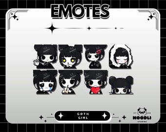Emotes for Twitch Aesthetic / Cute Goth Girl / Black Hair Buns / Chibi Style / Streamer Pack / Discord, Youtube / Premade Emotes