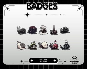 Ensemble de badges escargot gothiques - émoticônes escargots esthétiques sombres, badges de flux emo effrayants mignons, icônes escargots d'horreur sorcière pour Twitch et Discord