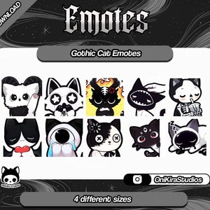 ゴシック黒猫のTwitch絵文字セット | かわいい不気味な美学 | 不気味なハロウィーンの子猫 | ストリーマー絵文字パック | ダークテーマのTwitchバッジ