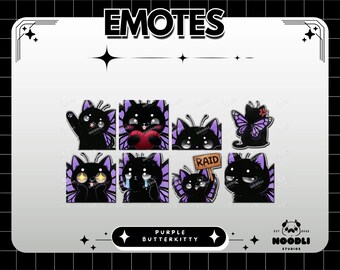 Emotes papillon chat violet | Adorables sous-insignes de chaton gothique | Pack d'émojis Discord