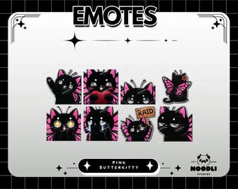 Emotes Twitch chat papillon rose | Adorables sous-insignes de chaton gothique | Pack d'émojis Discord