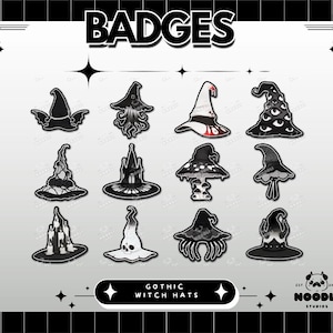 May include: A collection of twelve black and white witch hat stickers labeled BADGES and GOTHIC WITCH HATS. The designs include hats with bat wings, tentacles, eyes, candles, skulls, mushrooms, and architectural elements, all presented on a light background.