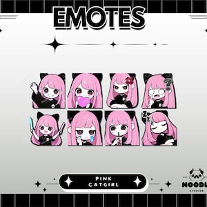 Twitch Emotes Pack Bundle, Pink Goth Catgirl Kawaii Anime PNG Emotes för Twitch, Discord, Vtuber - Söt Pastell Streamer Art