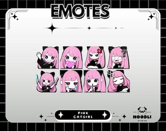 Paquete de emoticonos de Twitch, emoticonos PNG de chica gótica rosa estilo anime kawaii para Twitch, Discord y Vtuber - Arte de streamer en tonos pastel
