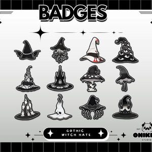 May include: A collection of black and white gothic witch hat badges. The word "BADGES" is at the top. The text "GOTHIC WITCH HATS" is at the bottom. The badges have various designs, including pointed hats, mushroom-shaped hats, and hats with unique embellishments.