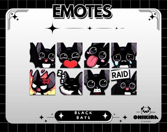 Gestos de murciélago negro - Gestos de Twitch - Gestos de Halloween - Paquete de gestos digitales - Gestos de murciélago kawaii - Íconos de Discord