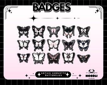 Ensemble de badges papillon coquette gothique | Badges Twitch goth roses mignons | Emotes papillon coquette foncé | Graphismes gothiques kawaii