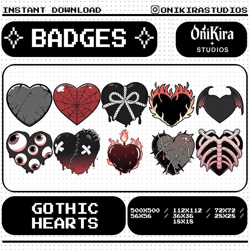 Gothic Heart Badges: Spooky Halloween Emotes for Twitch and Discord