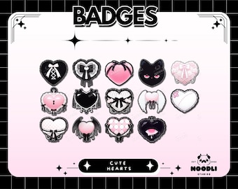 Badges Twitch coeur gothique pastel | Ensemble d'insignes gothiques roses mignons | Badges d'abonné en forme de coeur kawaii | Icônes Twitch Sub noires et roses