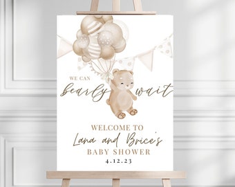 Editable Bear Balloons Neutral We Can Bearly Wait Baby Shower Welcome Sign Template