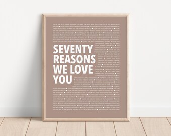 70 Reasons Why We Love You, 70 Year Old Birthday Gift, Mom 70th Birthday Gift Ideas, 70 Things I Love About You, 70th Birthday Ideas Parents