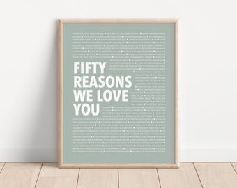 50 Reasons Why We Love You, Gifts for 50th Anniversary, Thoughtful Gifts for 50th Birthday Woman, 50 Things We Love About You Print