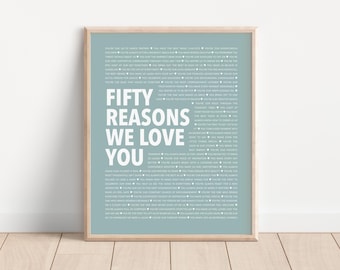 50 Reasons I Love You, 50 Things We Love About You Print, Mom 50th Birthday Gifts for Women, 50th Birthday Presents for Men