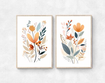 Boho Botanical Wall Art: Leaves and Flowers Art Prints - Digital Download - Minimalist Art - Contemporary Art - Home Decor - Set of 2