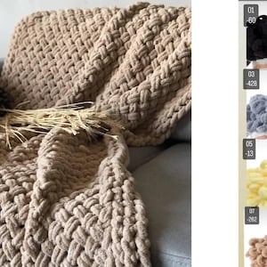 May include: A beige, chunky knit blanket draped over a gray sofa. The blanket has a woven pattern and is adorned with a pinecone and dried wheat. The image also shows a color chart with various yarn colors.