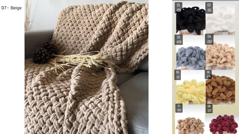 May include: A beige, chunky knit blanket draped over a gray sofa. The blanket has a woven pattern and is adorned with a pinecone and dried wheat. The image also shows a color chart with various yarn colors.