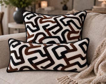 Custom Lumbar Pillow Cover with Black Piping, Dark Charcoal Gray & Chocolate Brown Pillow, Modern Accent Cushion, Neutral Sofa Throw Pillow