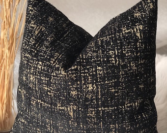 Black Gold Throw Pillow Cover, Chenille Cushion Case, Modern Velvet Pillow, Decorative Accent Sofa Cushion, Lumbar Pillow, 18x18 20x20 22x22