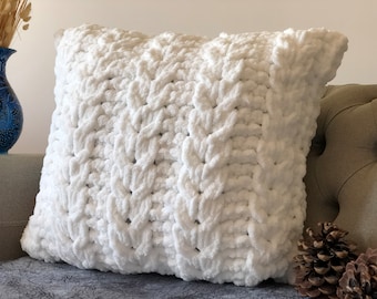 White Hand Knit Pillow Cover, Chunky Hand Knit Pillow Cover, Cable Knit Pillow Case, Home Decorative, Knitted Throw Pillow, Halloween