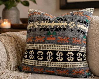 Gray Tribal Pillow Cover, Boho Kilim Cushion Cover, Ethnic Woven Throw Pillow, Southwestern Decor, Orange Black Accent Pillow 16x16