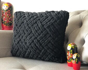 Black Hand Knit Pillow Cover, Chunky Hand Knit Pillow Cover, Cable Knit Pillow Case, Home Decorative, Knitted Throw Pillow, Halloween