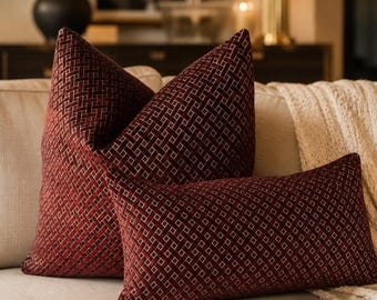 Burgundy Gold Throw Pillow Cover, Chenille Pillow Case, Cozy Pillow Cover, Decorative Pillow, Lumbar Pillow Covers, All Sizes