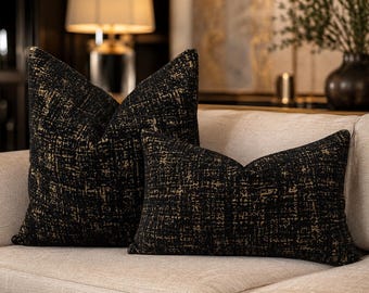 Black Gold Pillow Cover, Luxury Chenille Cushion Cover, Modern Glam Throw Pillow, Designer Sofa Decor, Decorative Lumbar Pillow