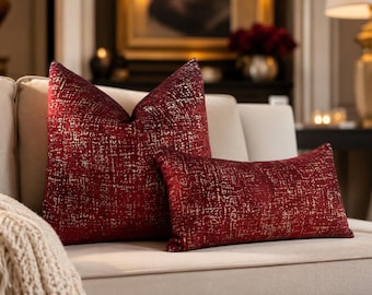 Burgundy Gold Pillow Cover, Luxury Red Throw Pillow, Textured Accent Cushion, Home Decor, Square or Lumbar Cover