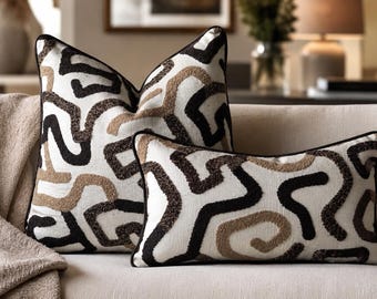 Custom Lumbar Pillow Covers with Black Piping, Brown Throw Pillow Cover, Modern Neutral Cushion Cover, Tufted Designer Accent Pillow