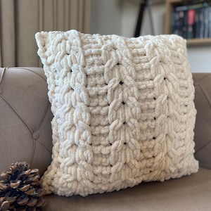 May include: A cream-colored knitted throw pillow with a textured, cable-knit design. The pillow is sitting on a light brown couch.
