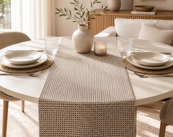 Kundenspezifischer natürlicher taupe beige Korbgeflecht-Leinen-Tischläufer für Hochzeit, Urlaub, Bauernhaus, rustikal. Moderne Tischwäsche. Einweihungsgeschenk.