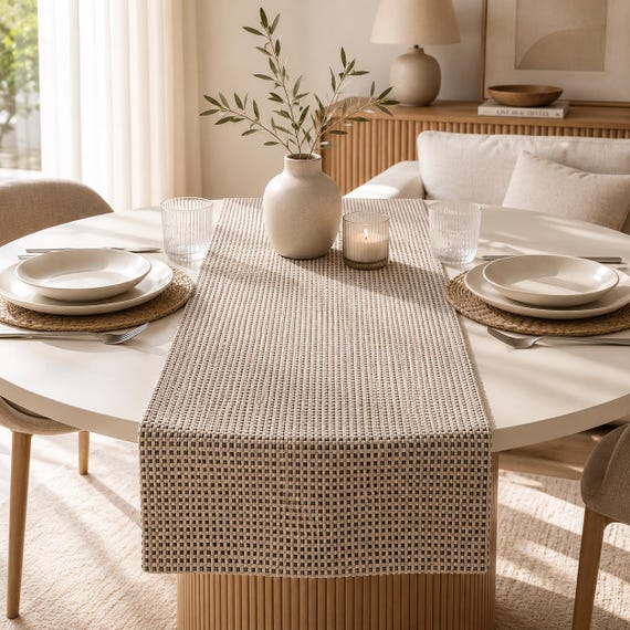 Kundenspezifischer natürlicher taupe beige Korbgeflecht-Leinen-Tischläufer für Hochzeit, Urlaub, Bauernhaus, rustikal. Moderne Tischwäsche. Einweihungsgeschenk