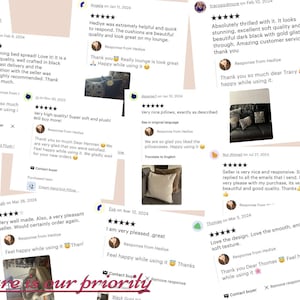 May include: A collage of multiple five-star customer reviews for home decor products, featuring text snippets, star ratings, and small thumbnail images of cushions and pillows in various settings, with the text Your pleasure is our priority.