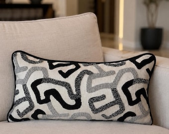 Custom Lumbar Pillow Cover with Black Piping, Black Gray Decorative Pillow, Modern Accent Cushion, Neutral Sofa Throw Pillow, Home Decor