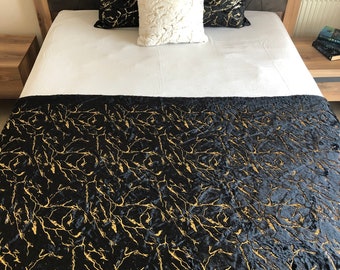 Black Gold Plush Bedspread, Handmade Quilt, Plush Cover, Bed Throw