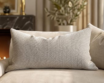 Custom Neutral Beige Lumbar Pillow Cover, Textured Woven Cushion Cover, Modern Decorative Throw Pillow, Taupe Couch Pillow, Bedroom Accent