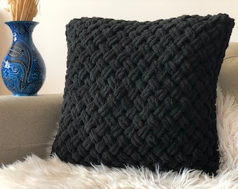 Black Hand Knit Pillow Cover, Chunky Hand Knit Pillow Cover, Cable Knit Pillow Case, Home Decorative, Knitted Throw Pillow