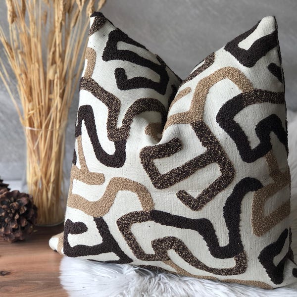 Cojín decorativo de lino color crema y marrón, funda de almohada bouclé, funda de almohada acogedora, almohada decorativa, funda de cojín para sofá, funda de almohada lumbar de lino