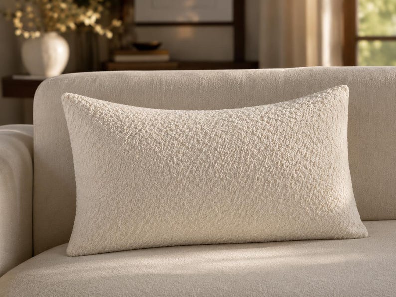 May include: A rectangular throw pillow featuring a textured, cream-colored boucl&eacute; fabric. The surface of the pillow displays a dense, looped weave that creates a consistent, tactile appearance across the entire front face of the cushion.